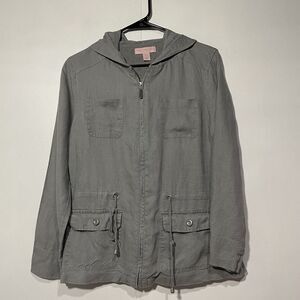 St. Tropez West Full Zip Top 100% Linen Small Gray Hooded Waist Tie Lagenlook